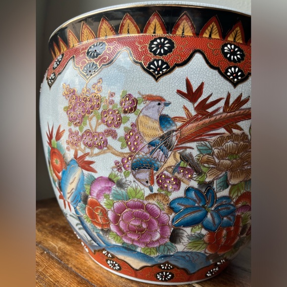 Vintage Chinoiserie Large Porcelain Koi Fish Planter Bowl Cachepot - Picture 10 of 11